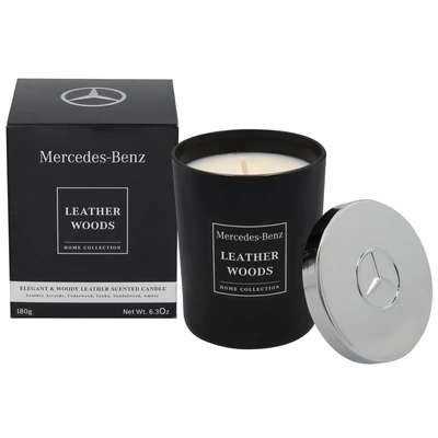 Mercedes ILLATGYERTYA LEATHER WOODS 180G, Mercedes ILLAT, Mercedes AJÁNDÉK, Mercedes KIEGÉSZÍTŐK, Mercedes TERMÉKEK